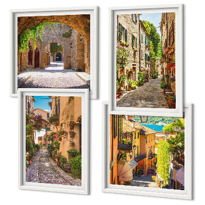 Set om 4 tavlor Italienska gator blommor arkitektur