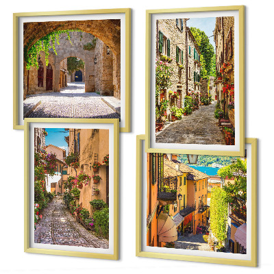 Set om 4 tavlor Italienska gator blommor arkitektur