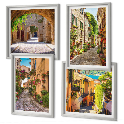 Set om 4 tavlor Italienska gator blommor arkitektur