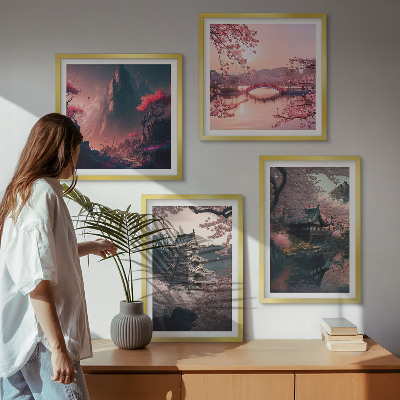 Tavelvägg ovanför soffa Fantasilandskap i Japan