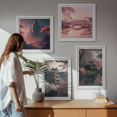 Tavelvägg ovanför soffa Fantasilandskap i Japan