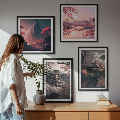 Tavelvägg ovanför soffa Fantasilandskap i Japan