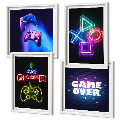 Set om 4 tavlor Gamepads, undertexter för spelarikoner