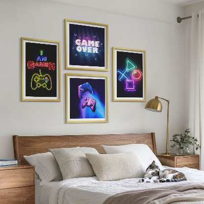 Set om 4 tavlor Gamepads, undertexter för spelarikoner