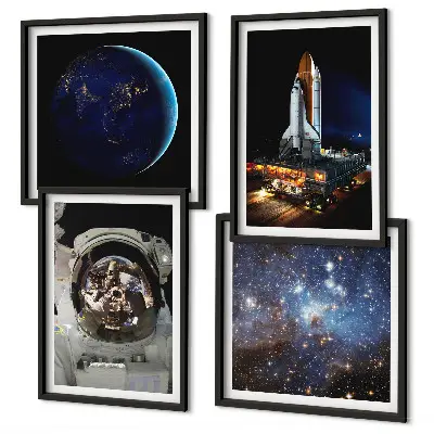 Tavelvägg med 4 tavlor med motiv av rymden, jorden, astronaut och raket