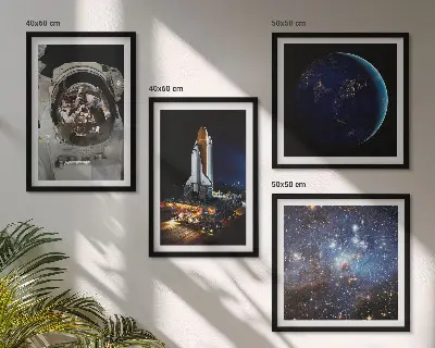Tavelvägg med 4 tavlor med motiv av rymden, jorden, astronaut och raket
