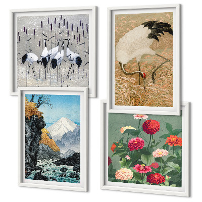 Tavelvägg med 4 tavlor Berg, flod, blommor, tranor