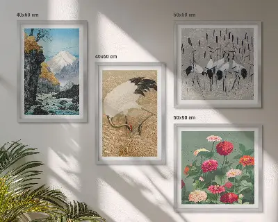 Tavelvägg med 4 motiv berg, flod, blommor och tranor