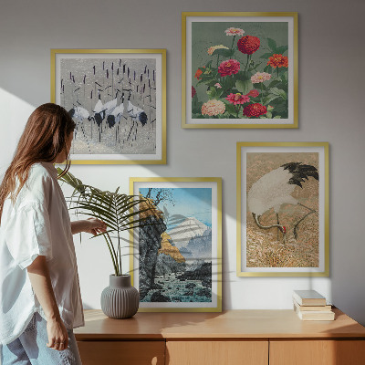 Tavelvägg med 4 tavlor Berg, flod, blommor, tranor