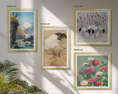 Tavelvägg med 4 motiv berg, flod, blommor och tranor