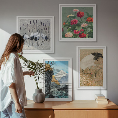 Tavelvägg med 4 tavlor Berg, flod, blommor, tranor