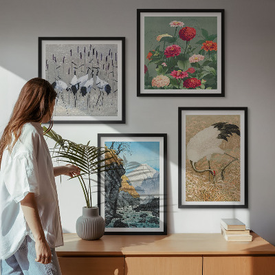 Tavelvägg med 4 tavlor Berg, flod, blommor, tranor