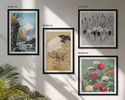 Tavelvägg med 4 motiv berg, flod, blommor och tranor