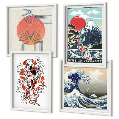 Set om 4 tavlor Illustrationer av berg av fiskvågor i Japan