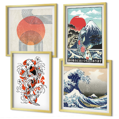 Set om 4 tavlor Illustrationer av berg av fiskvågor i Japan