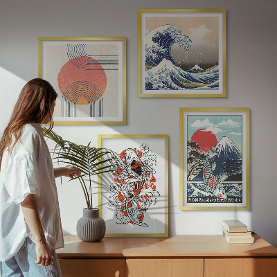 Set om 4 tavlor Illustrationer av berg av fiskvågor i Japan