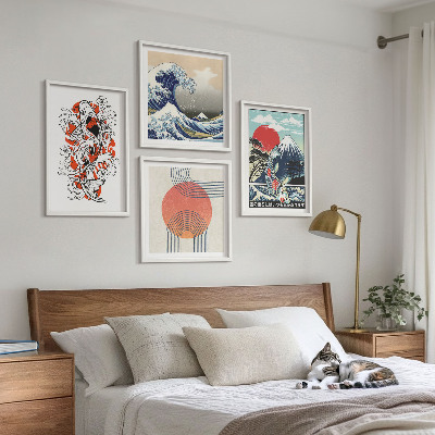 Set om 4 tavlor Illustrationer av berg av fiskvågor i Japan