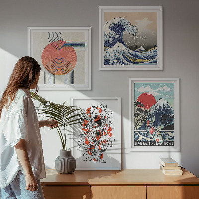 Set om 4 tavlor Illustrationer av berg av fiskvågor i Japan
