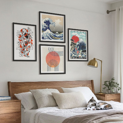Set om 4 tavlor Illustrationer av berg av fiskvågor i Japan