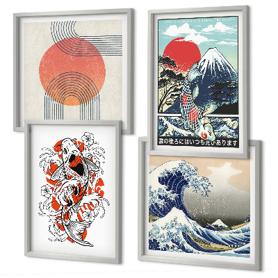 Set om 4 tavlor Illustrationer av berg av fiskvågor i Japan