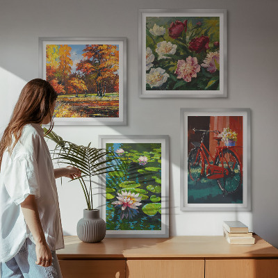 Set om 4 tavlor Näckrosor cykelblommor