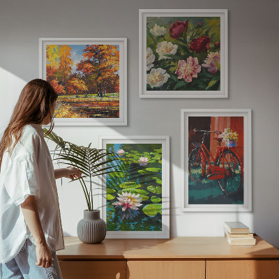 Set om 4 tavlor Näckrosor cykelblommor