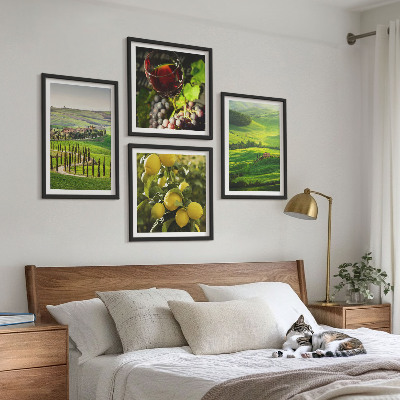 Tavelvägg ovanför soffa Italienska landskap med citruskullar
