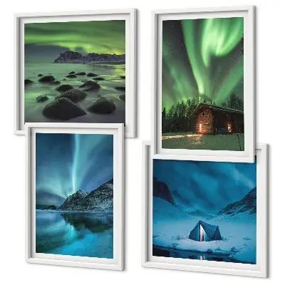 Vinterlandskap med norrsken och berg set om 4 tavlor