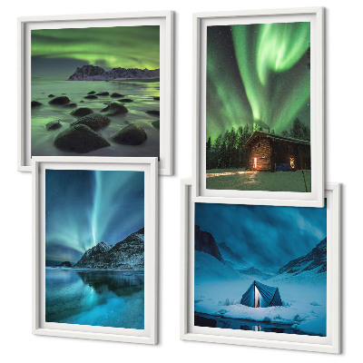 Set om 4 tavlor Vinterlandskap norrsken berg