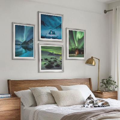 Set om 4 tavlor Vinterlandskap norrsken berg