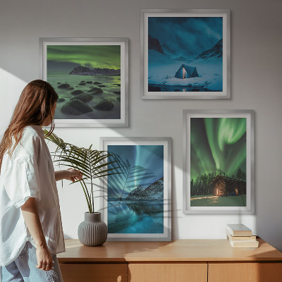 Set om 4 tavlor Vinterlandskap norrsken berg