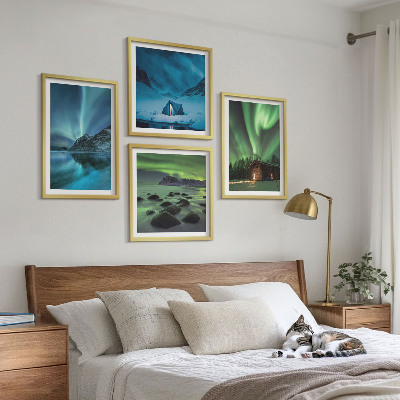 Set om 4 tavlor Vinterlandskap norrsken berg