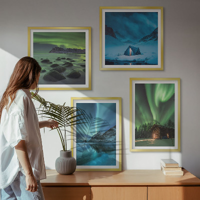 Set om 4 tavlor Vinterlandskap norrsken berg