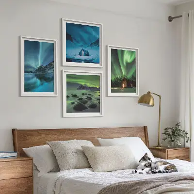 Vinterlandskap med norrsken och berg set om 4 tavlor