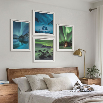 Set om 4 tavlor Vinterlandskap norrsken berg