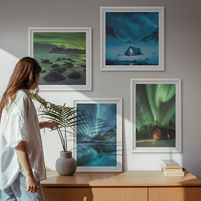 Set om 4 tavlor Vinterlandskap norrsken berg