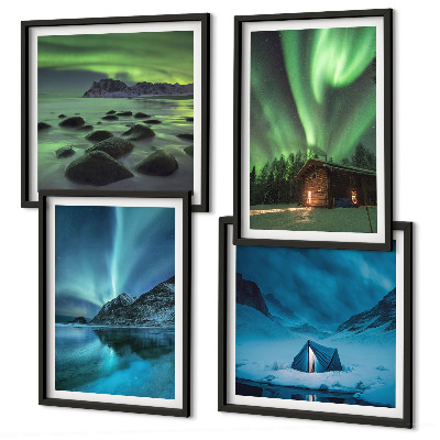 Set om 4 tavlor Vinterlandskap norrsken berg