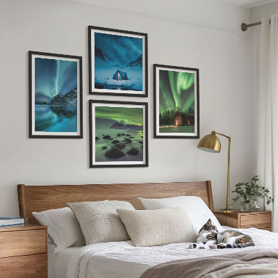 Set om 4 tavlor Vinterlandskap norrsken berg