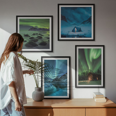 Set om 4 tavlor Vinterlandskap norrsken berg
