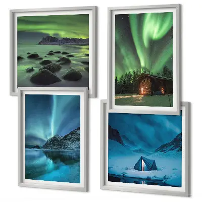 Vinterlandskap med norrsken och berg set om 4 tavlor