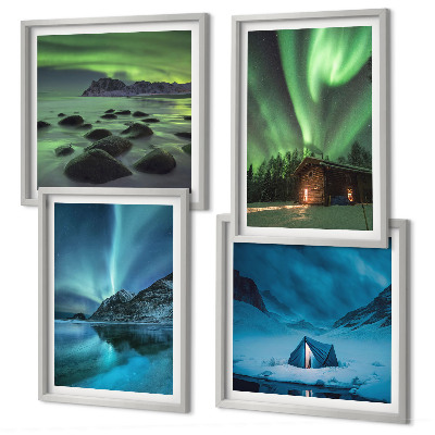 Set om 4 tavlor Vinterlandskap norrsken berg