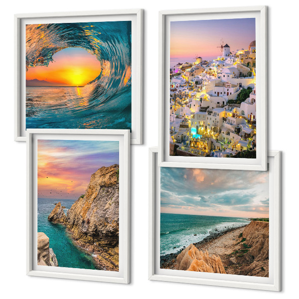 Set om 4 tavlor Havsvågor vita hus Santorini