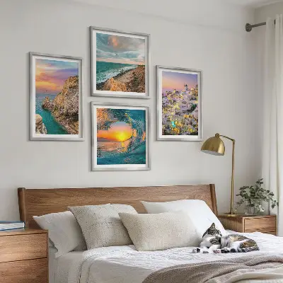 Havsvågor vid vita hus i Santorini tavlor i set om 4 stycken