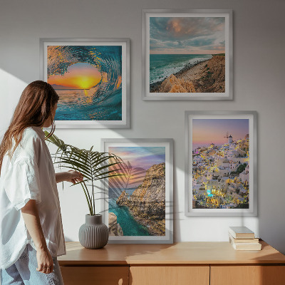 Set om 4 tavlor Havsvågor vita hus Santorini