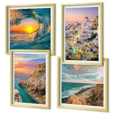Havsvågor vid vita hus i Santorini tavlor i set om 4 stycken