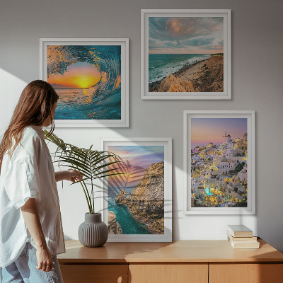 Set om 4 tavlor Havsvågor vita hus Santorini
