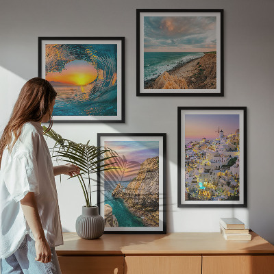 Set om 4 tavlor Havsvågor vita hus Santorini