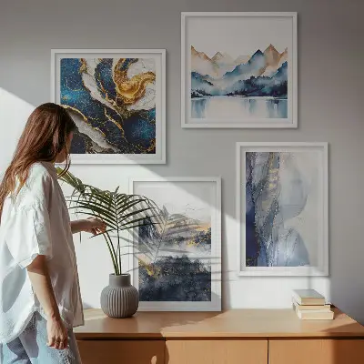 Blått bergslandskap tavla för vägg ovanför soffa