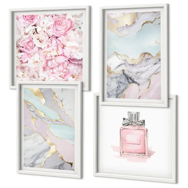 Tavelset med 4 delar rosa blommor i marmor och pastell