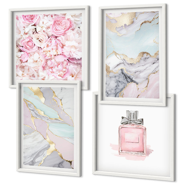 Set om 4 tavlor Rosa blommor marmor pastell